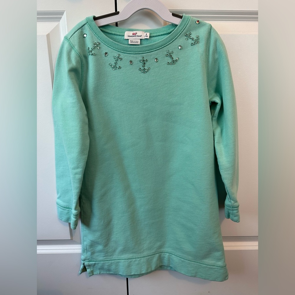 Vineyard Vines Teal Anchor Crystal Embellished Sweatshirt Dress (Size S/7-8)